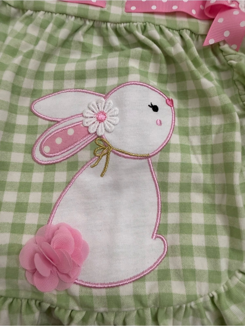 Rare editions 12m Green Gingham Bunny Dress with Pink Bow - Picture 4 of 6